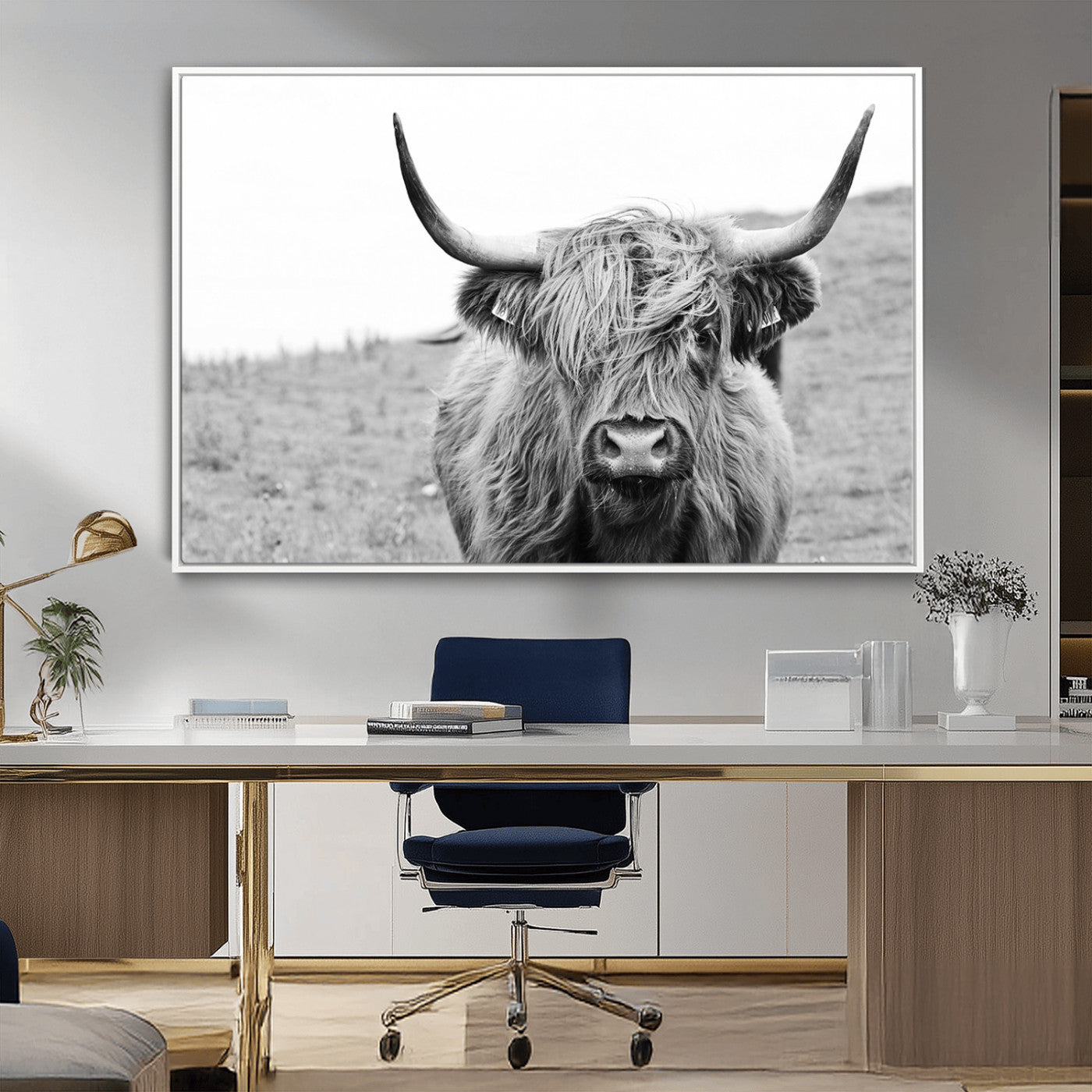 -Newfoundland Cow Art Wall Art, Black White Cow Art Wall Art Canvas Print
