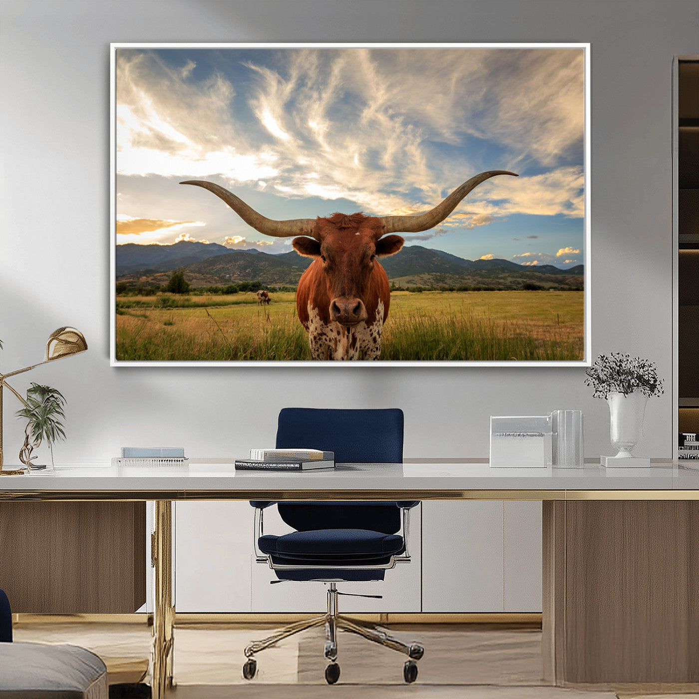 55416-MGV-CV-36X24-Texas Longhorn Canvas Wall Art – Majestic Triptych Animal Print – Rustic Western Decor for Living