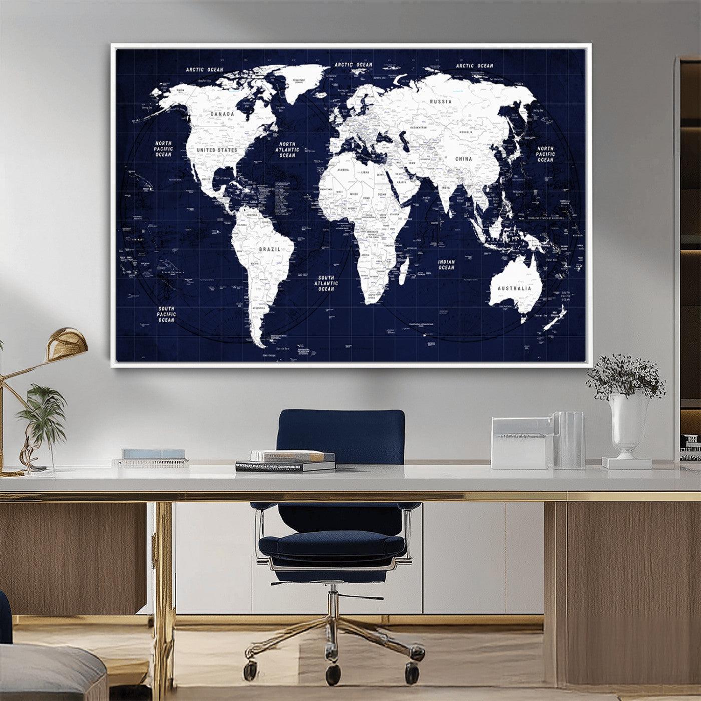 90649-MGV-FC-36X24_White-Navy Blue World Map Canvas Print – Modern Push Pin Travel Map Wall Art, Framed Contemporary Decor for Home or Office