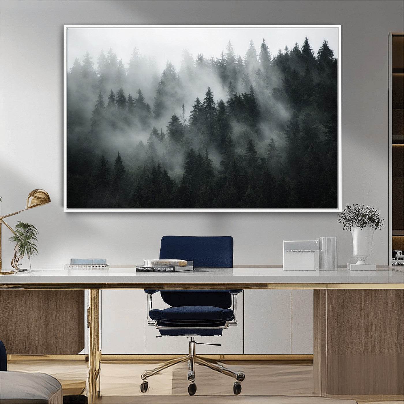 52359-MGV-FC-36X24_White-Foggy Forest Wall Art Canvas Print | 3 Panel Large Misty Landscape for Dining Room, Office, or