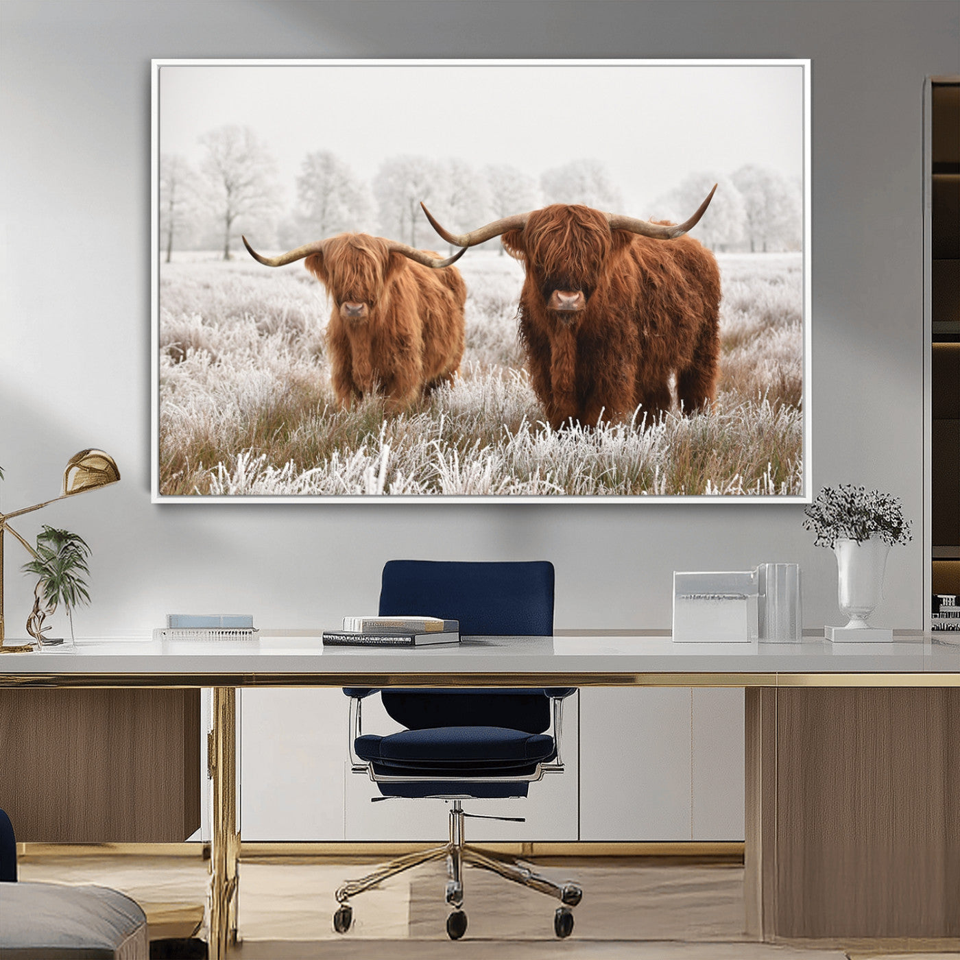 -Longhorn Cattle Wall Art Canvas Print, Framed Farmhouse Style Art Picture Print, Rustic Cow Perfect Rustic Farmhouse Decor Artwork
