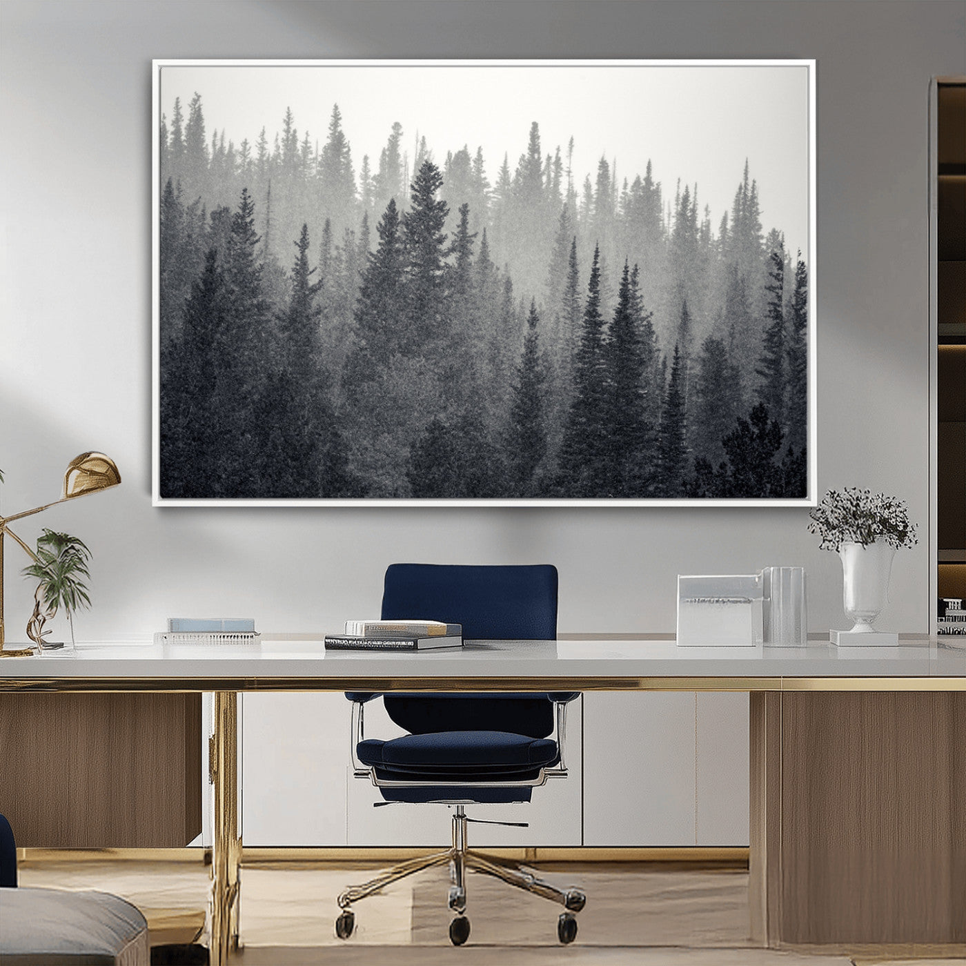 -Misty Forest Canvas Wall Art – Monochrome Triptych Pine Tree Print – Nature-Inspired Home Decor –