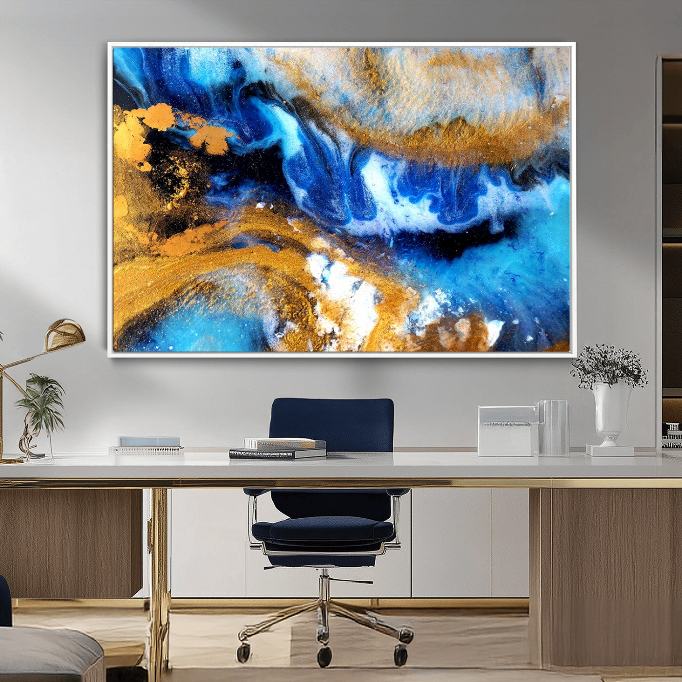 42100-MGV-FC-36X24_White-Blue Orange Marble Fluid Effect Canvas Wall Art Print