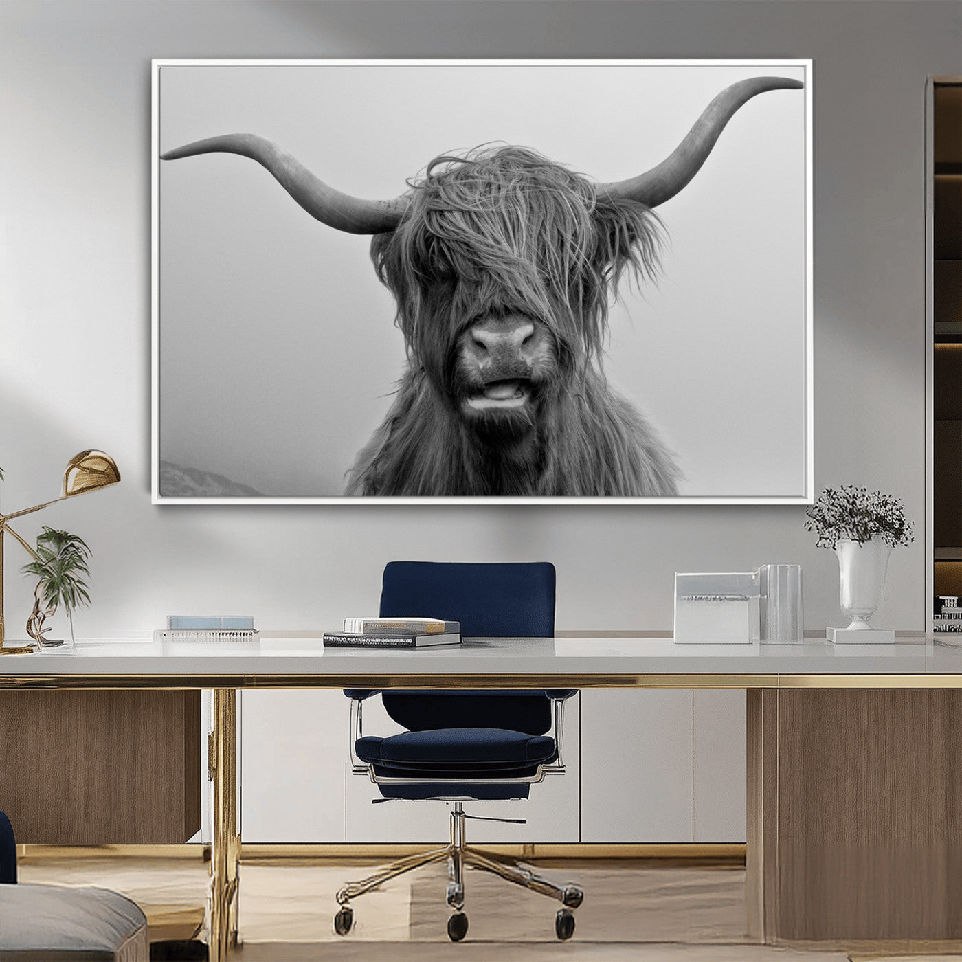 50834-MGV-FC-36X24_White-Texas Cow Wall Art Canvas, Texas Longhorn Cattle Canvas Print