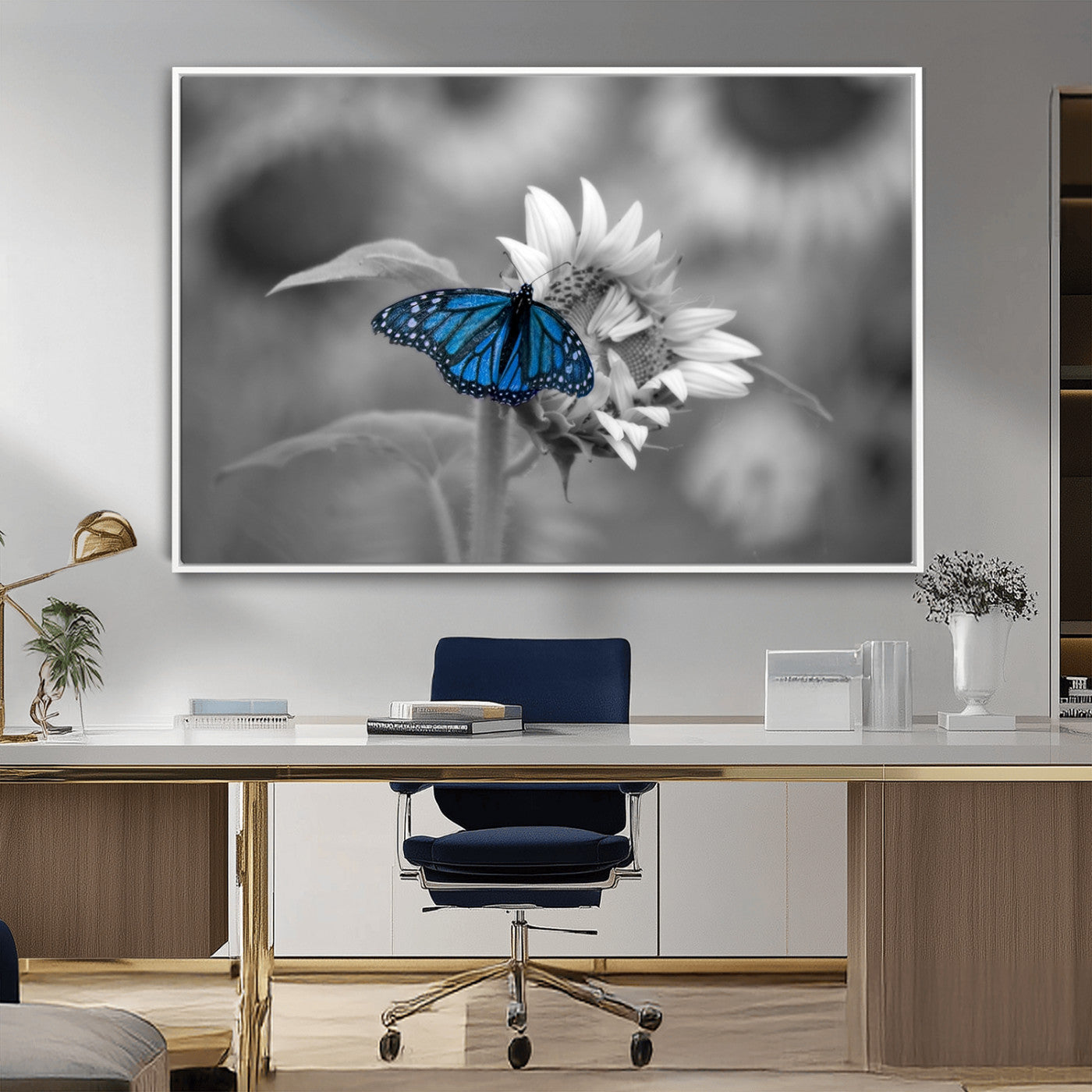 -Blue Butterfly Black and White Canvas Wall Art
