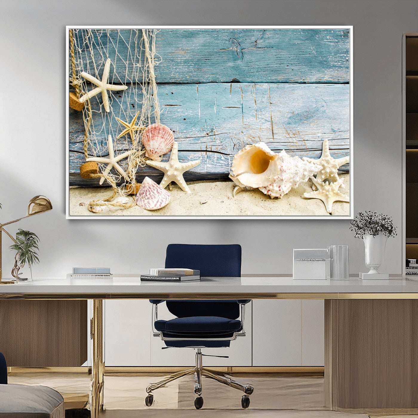 -Seashells on Rustic Wooden Background, Seashells Wall Art Canvas Print