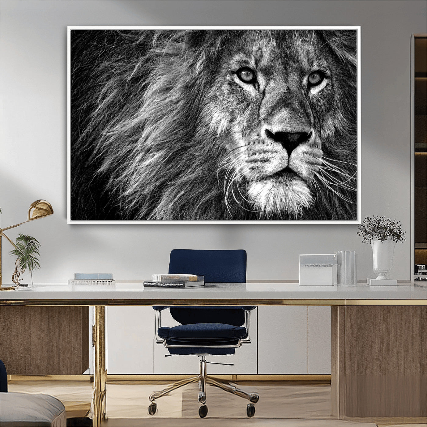 -Black and White Lion Canvas Wall Art Print – Wildlife Portrait Artwork for Home, Office, Living Room, Guest Room