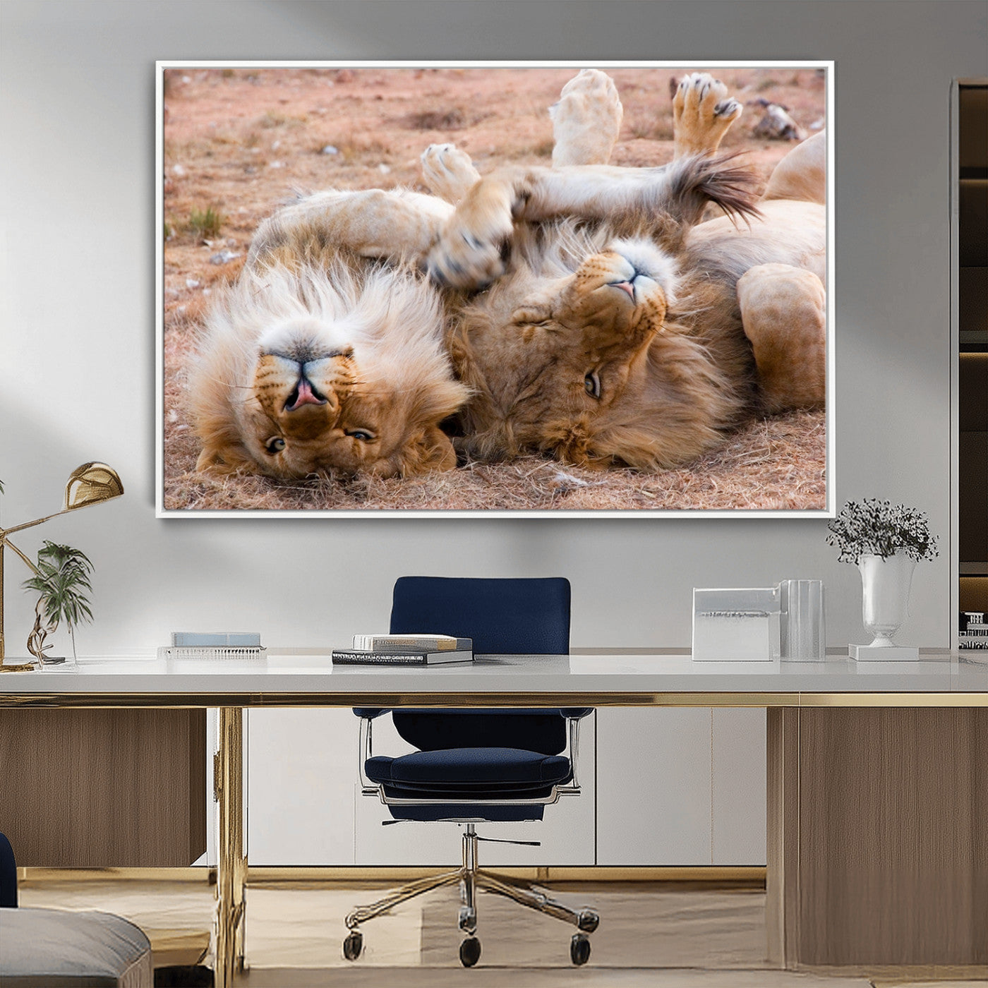 -Lion Pair Wall Art Canvas Print – Framed Wildlife Scene with Playful Lions Artwork for Home, Office, Living Room