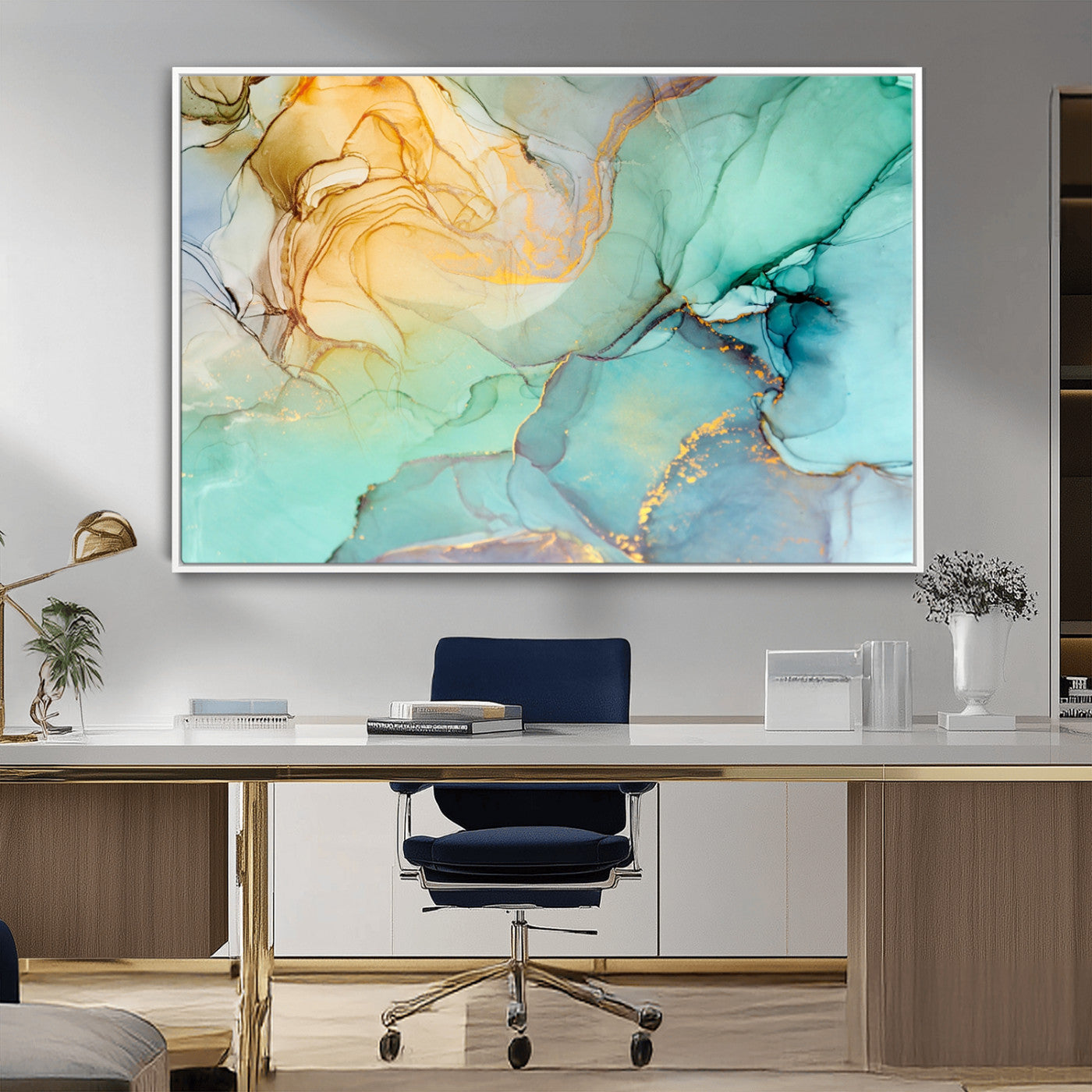 47242-MGV-FC-36X24_White-Green Marble Fluid Effect Wall Art Abstract Canvas Wall Art Print