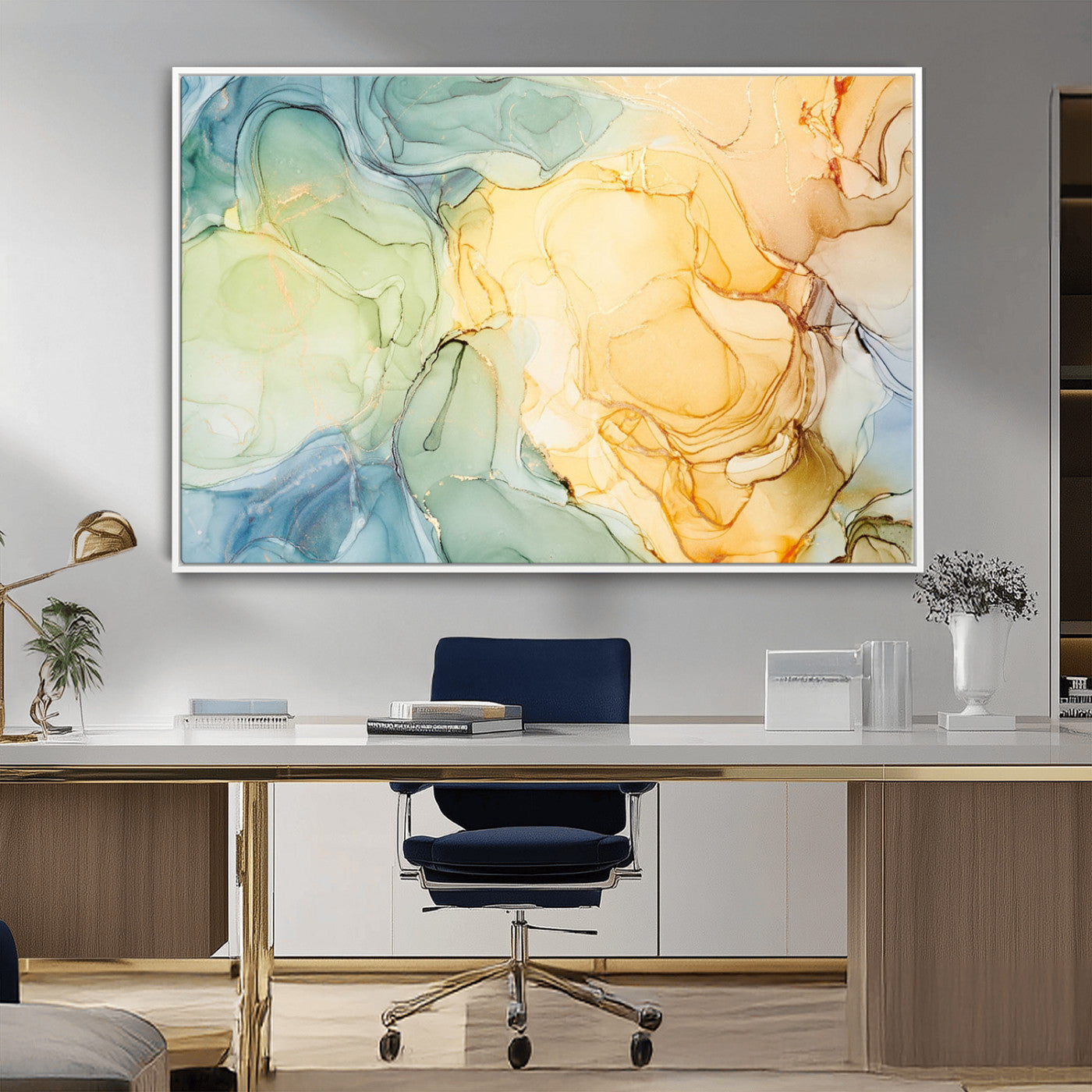 42195-MGV-FC-36X24_White-Green and Yellow Marble Fluid Effect Wall Art, Green and Yellow Marble Canvas Wall Art Print