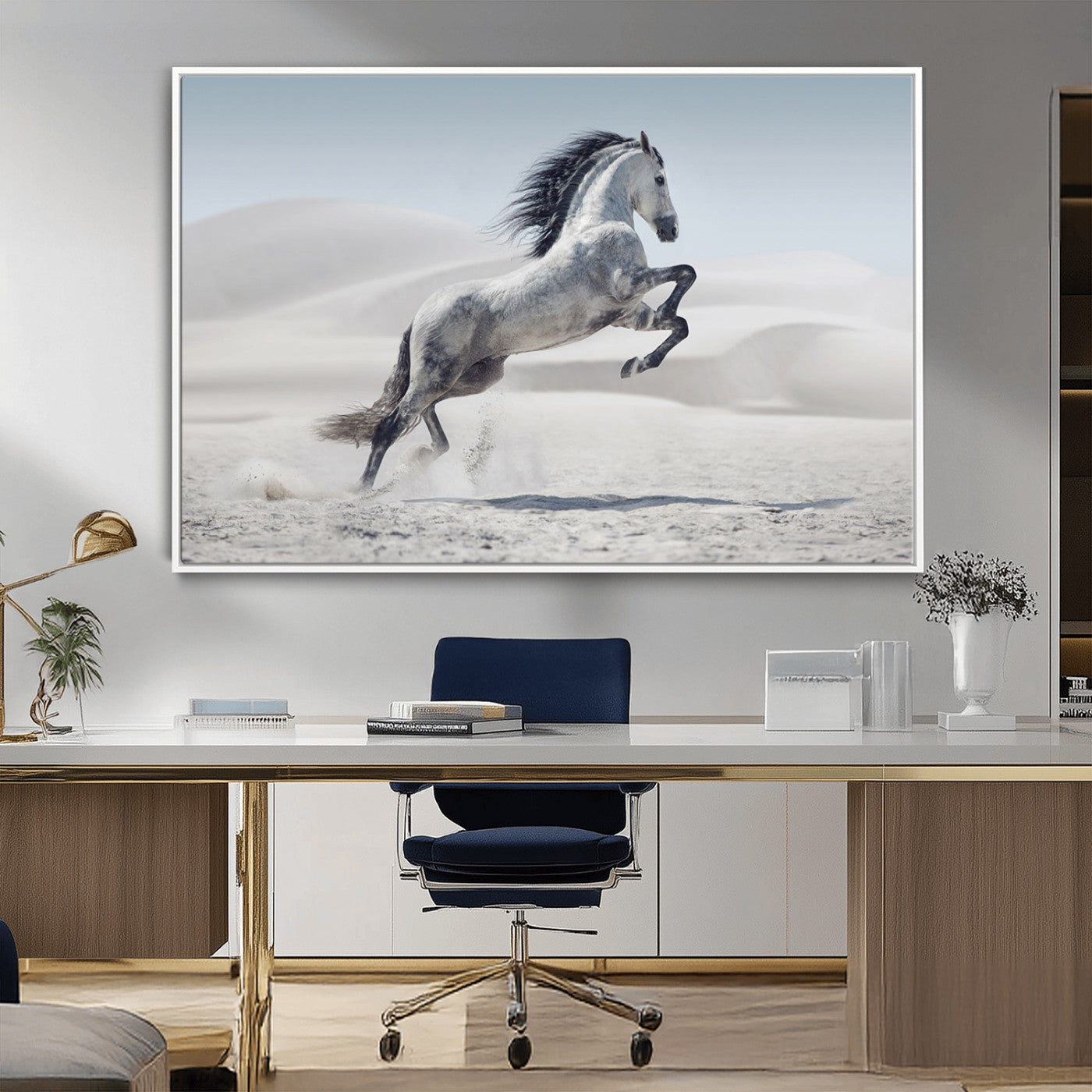 46422-MGV-FC-36X24_White-Prancing Horse Desert Large Wall Art Canvas Print – Majestic Horse Animal Artwork for Home, Office, Living Room