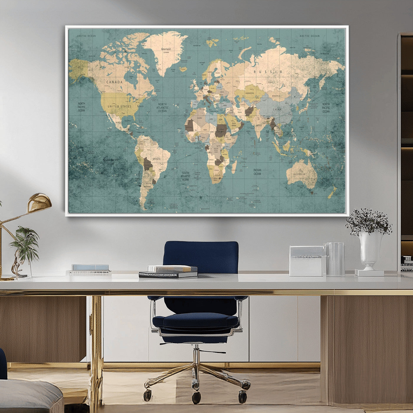 54872-MGV-CV-36X24-Classic World Map Canvas Print – Framed Vintage Map Wall Art, Retro Atlas Design for Rustic Explorer or Study Room Decor