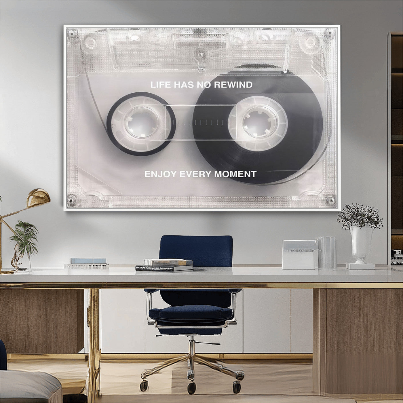 -Vintage Cassette Tape Canvas Wall Art - Inspirational 'Life Has No Rewind' Quote, Retro Music Decor
