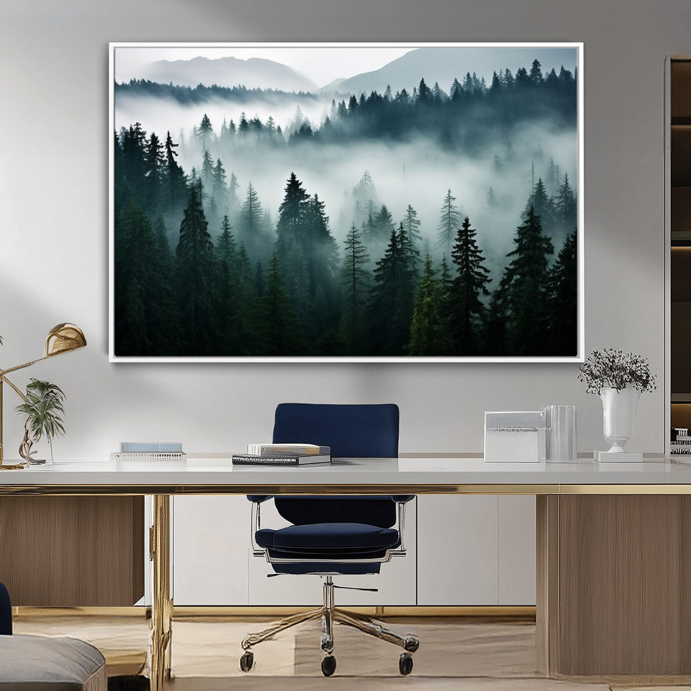 90079-MGV-FC-36X24_White-Captivating Misty Forest Wall Art Canvas, Premium Canvas Print a Foggy and Serene Atmosphere