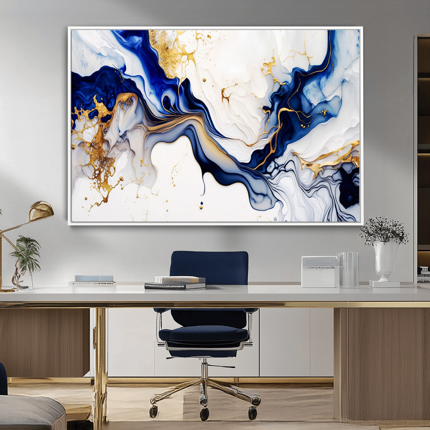 93392-MGV-FC-36X24_White-Golden Cascades on Midnight Blue – Deep Blue Abstract Wall Art Flowing Elegance | Wall Art Canvas,