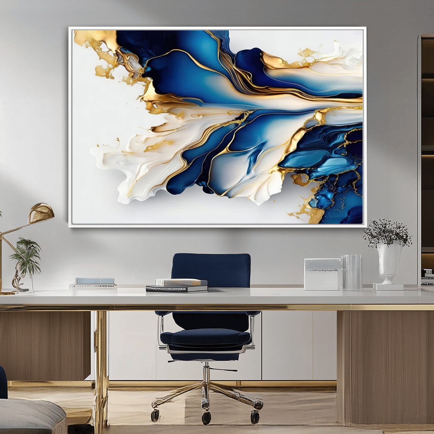 65693-MGV-CV-36X24-Gold Marble Art - Abstract Geode Gold And Blue Marble Shape 3 Pieces Wall Art Canvas Print
