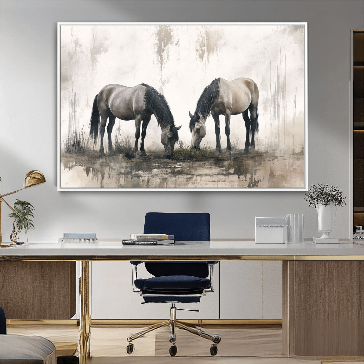 -Chines Ink Style Vintage Horses Wall Art Canvas Print for Farmhouse Wall Decor
