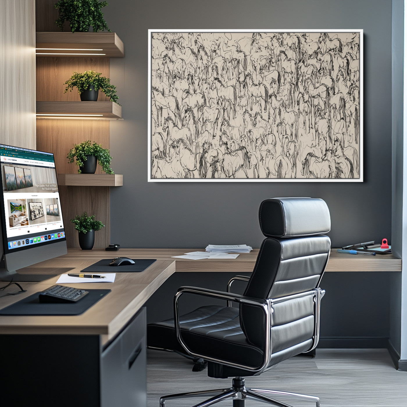 -Abstract Horse Sketch Wall Art | Ready to Hang and Framed | Farmhouse Wall Decor for Living Room or