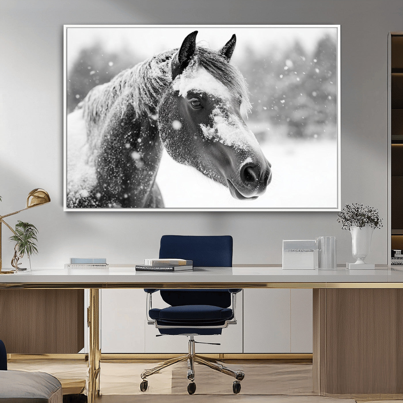 13358-MGV-CV-36X24-Black Horse Winter Wall Art | Ready to Hang and Framed | Farmhouse and Western Wall Decor for Living Room