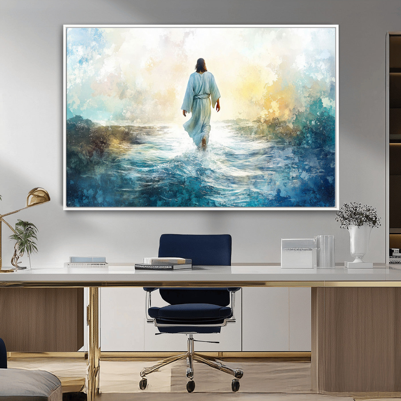 -Watercolor Jesus Walking on Water Canvas Print, Christian Wall Art, Jesus Christ Walking