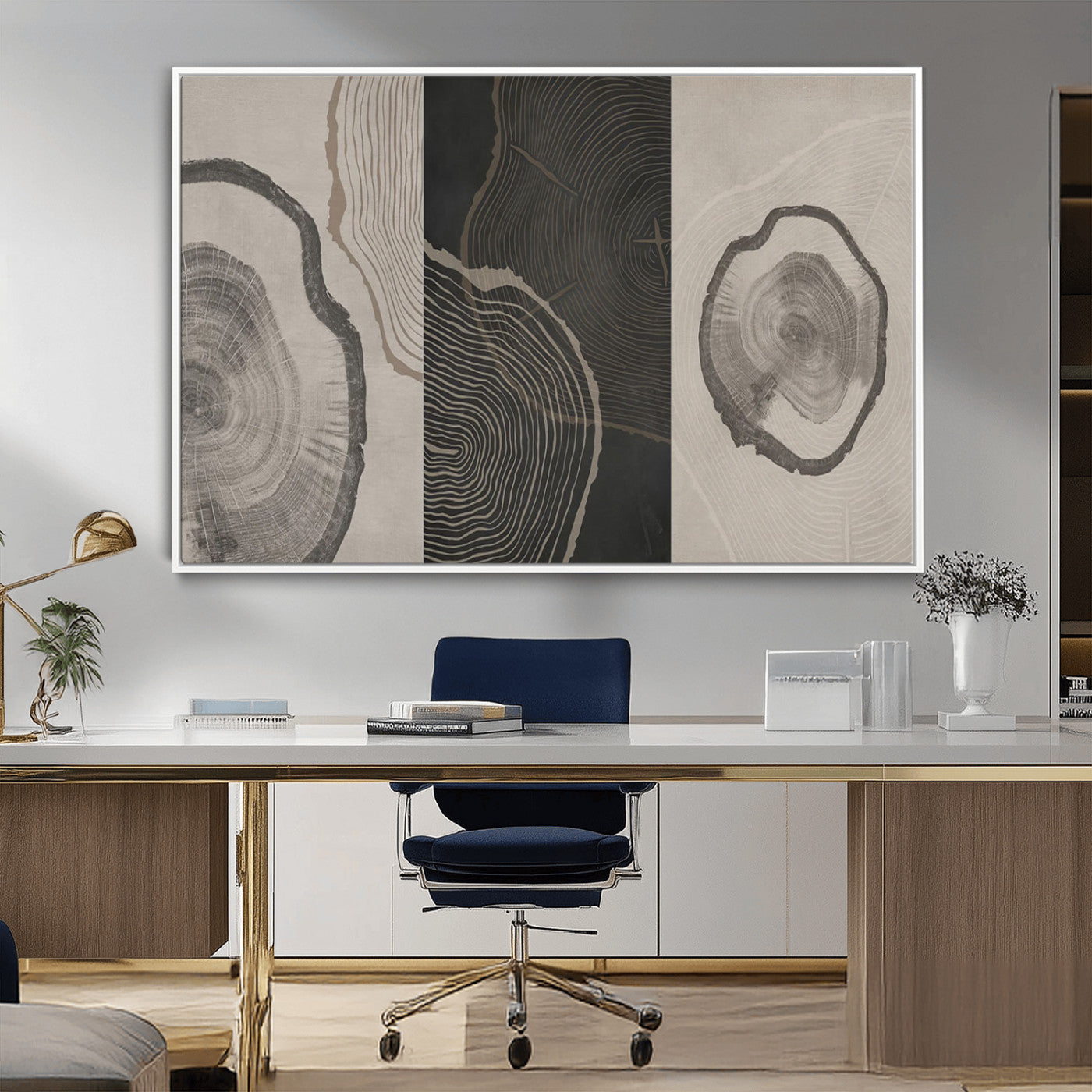 25407-MGV-CV-36X24-Modern Abstract Tree Ring Canvas Art Set | 3 Panel Large Tree Ring Design for Living Room, Office,
