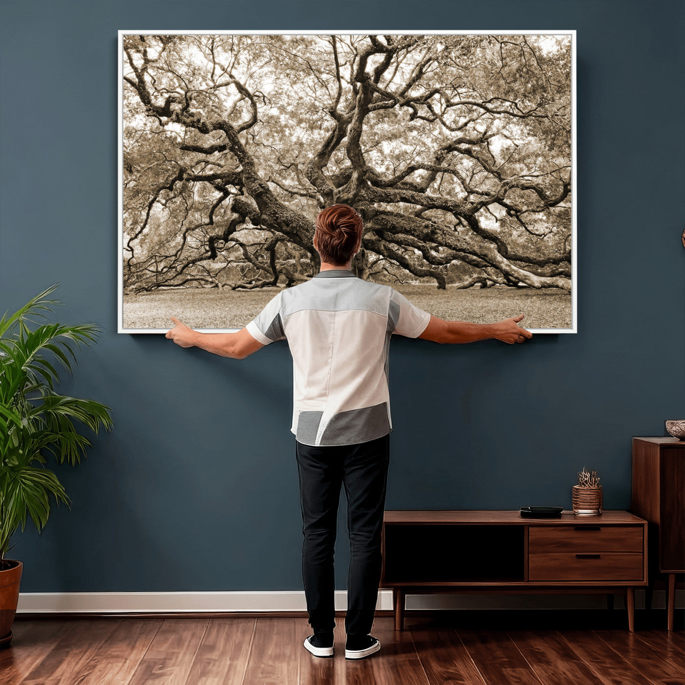 51126-MGV-CV-36X24 - Sepia Framed Angel Oak Tree Wall Art - 3-Panel Canvas Prints, Large Green Nature Artwork, Ready to