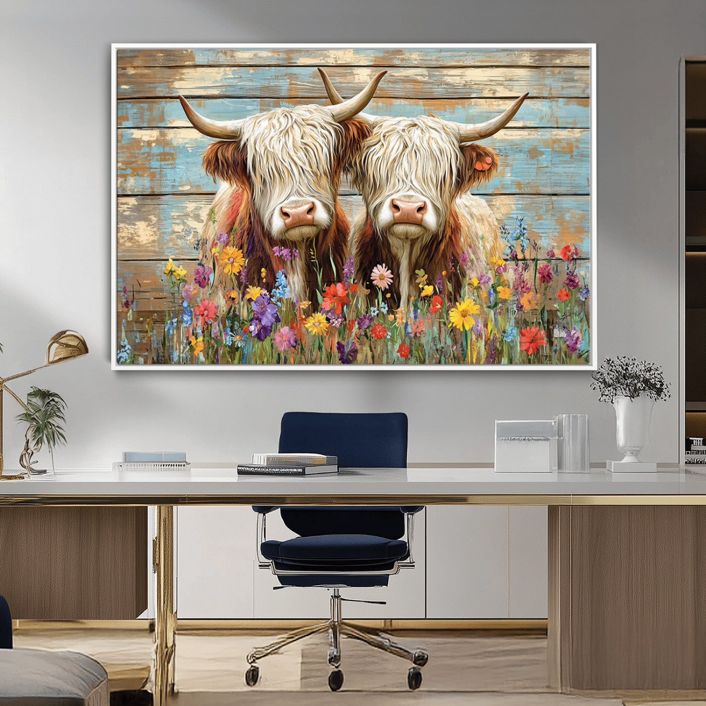 36972-MGV-CV-36X24 - Cute Highland Cow Canvas Wall Art - Rustic Farmhouse Decor with Colorful Flowers Perfect Wall Art