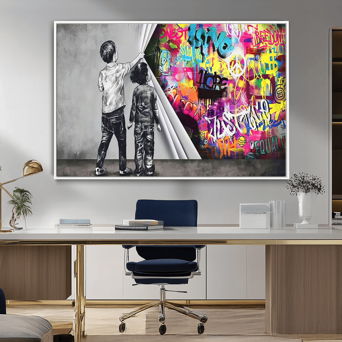 92809-MGV-CV-36X24-Banksy Print - Street Art Canvas Wall Art - Kids Revealing Graffiti, Urban Modern Decor for Living