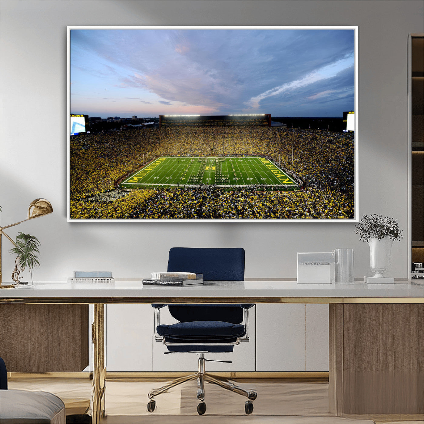 82641-MGV-CV-36X24-Michigan Stadium Wall Art Canvas Print – Framed Football Field Scene with Marching Band Artwork for Home, Office