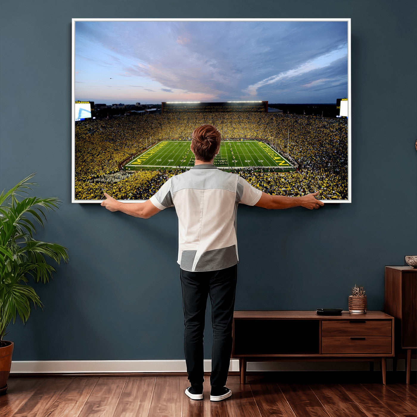 82641-MGV-CV-36X24 - Michigan Stadium Wall Art Canvas Print, Vibrant Game Day Crowd and Sunset Sky Football Field Artwork for Home, Office