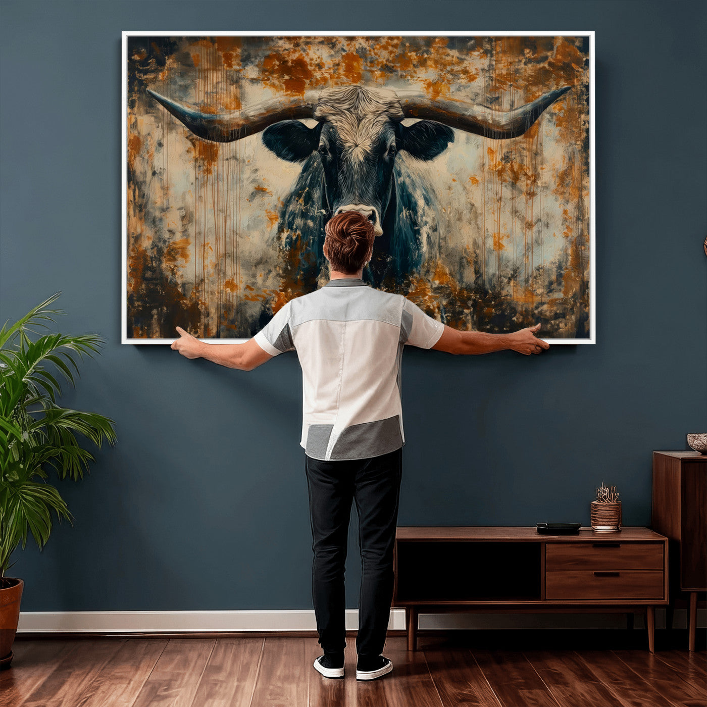 85913-MGV-CV-36X24 - Abstract Longhorn Bull Wall Art | Rustic Western Wall Decor | Framed and Ready to Hang | Ideal for