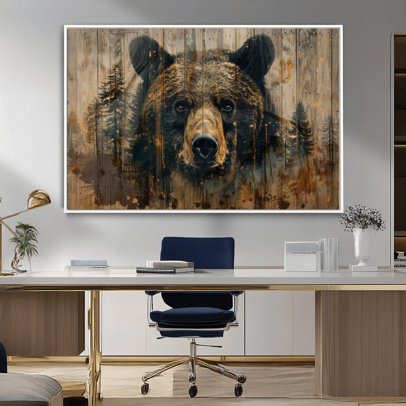 51373-MGV-CV-36X24-Abstract 399 Bear Wall Art | Rustic Cabin Wall Decor with Forest Design | Framed and Ready to Hang |