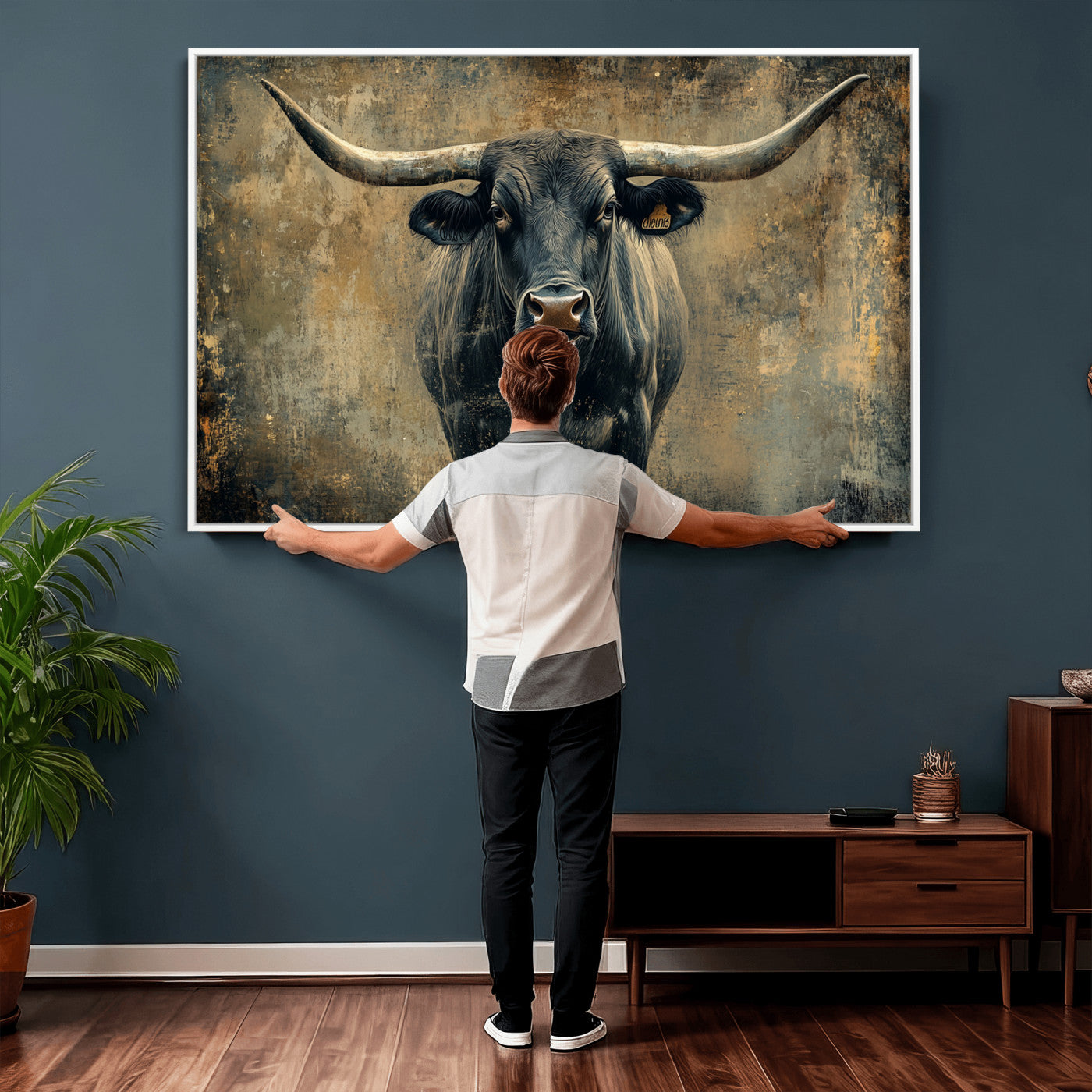 57385-MGV-CV-36X24 - Longhorn Bull Wall Art Canvas Print, Framed Rustic Cow Art Picture Print, Texas Longhorn Perfect Western Decor Artwork
