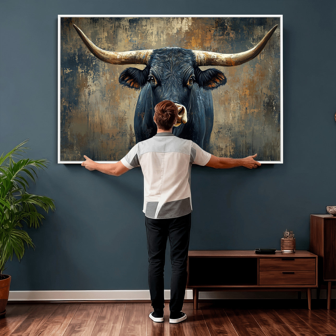 42026-MGV-CV-36X24 - Texas Western Wall Art Canvas Print - Abstract Cow Longhorn Bull Wall Art Canvas Print - Rustic Cow