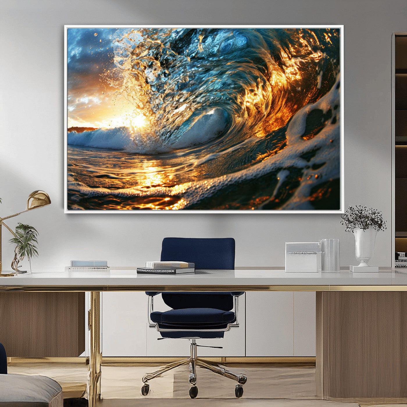 41370-MGV-CV-36X24-Ocean Wave at Sunset Canvas Wall Art – Vibrant Coastal Beach Waves Print, Large Nautical Decor,