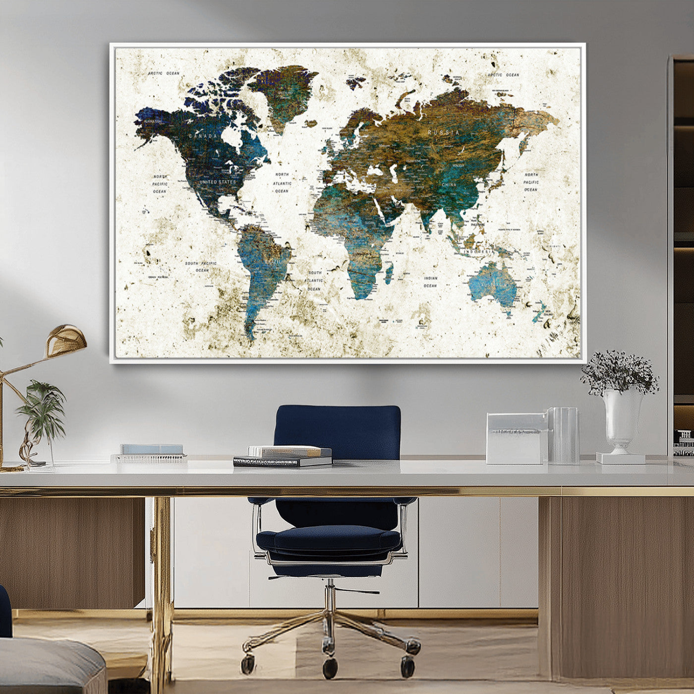 89176-MGV-FC-36X24_White-Vintage Blue and Brown World Map Canvas Wall Art – Framed Rustic Map Print, Earth Tone Travel Decor for Stylish Home and Office Walls