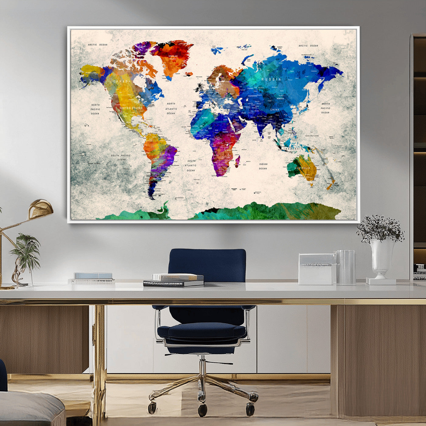 67752-MGV-FC-36X24_White-Push Pin World Map Canvas Print – Framed Travel Map Wall Art for Couples, Anniversary Gift, Modern Home or Office Decor