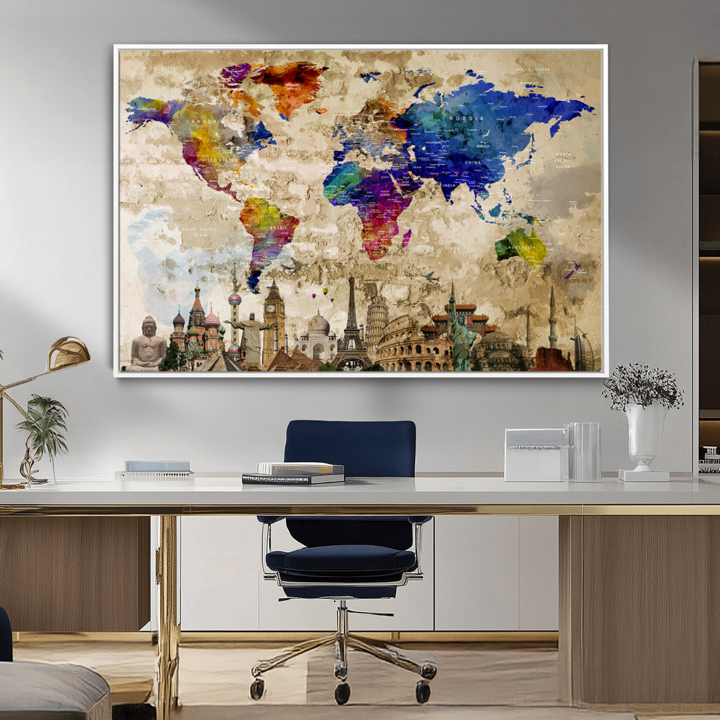 12168-MGV-CV-36X24-Push Pin World Map Canvas Print – Framed Travel Tracker Wall Art for Couples, Anniversary Gift and Modern Home Decor