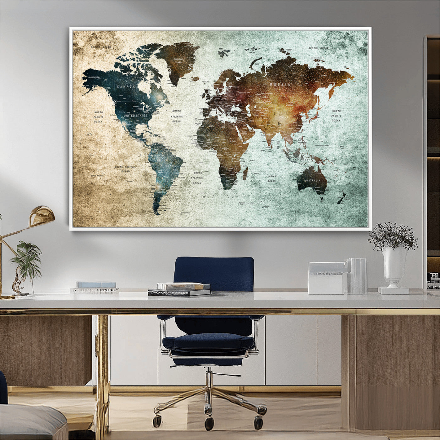25140-MGV-CV-36X24-World Map Canvas Print – Framed Vintage Style Push Pin Wall Art, Elegant Travel Map Decor for Home or Office