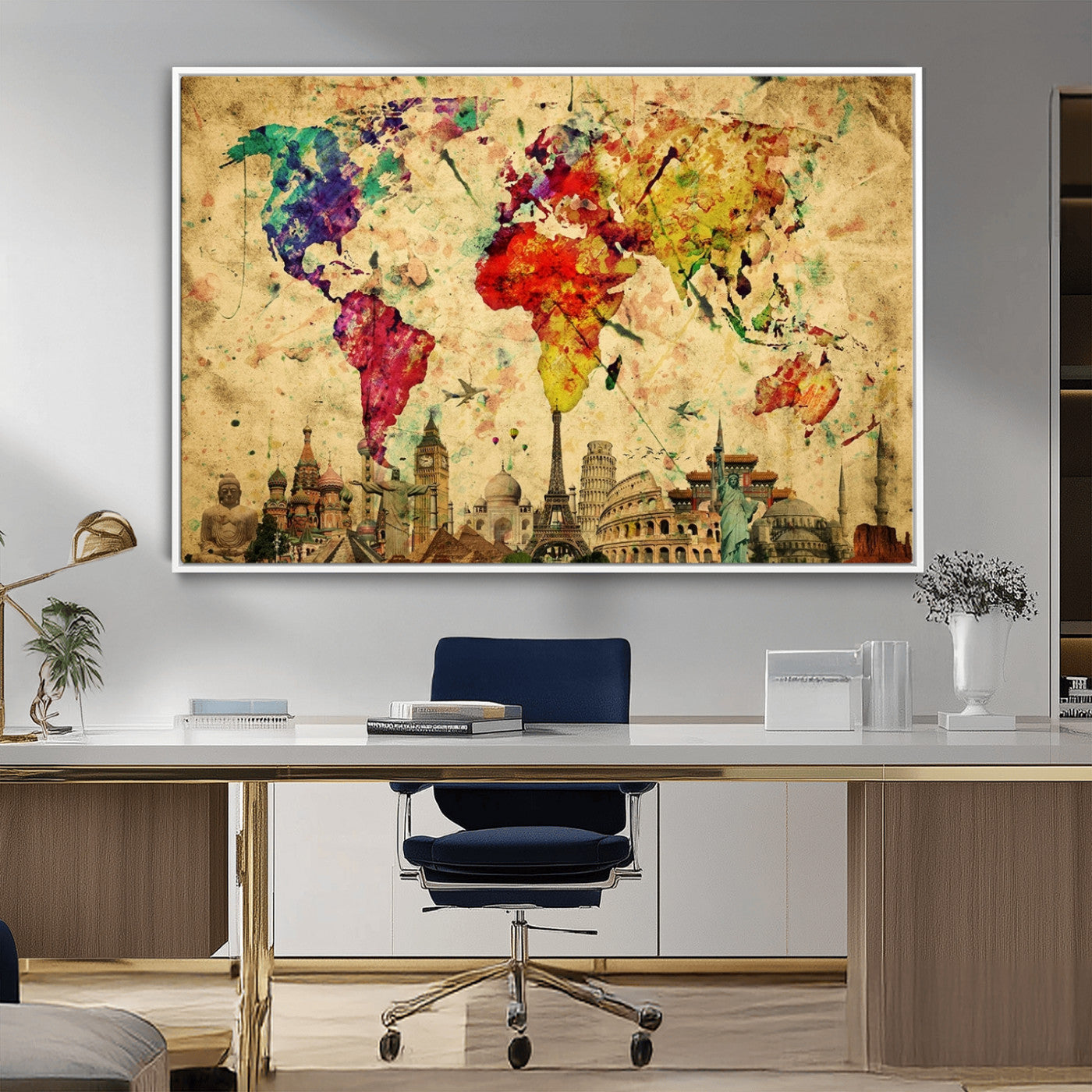 24467-MGV-FC-36X24_White-Colorful Watercolor World Map Canvas Wall Art – Framed Landmark Travel Map Print, Vibrant Global Artwork for Home and Office Decor