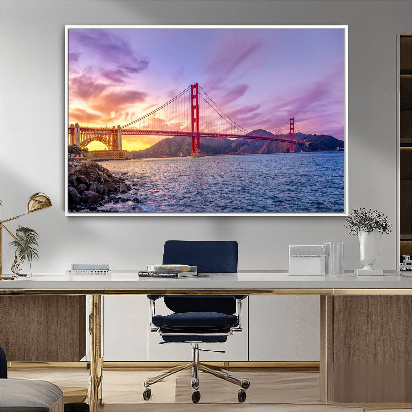 MGV-FC-36X24 - Golden Gate Bridge Wall Art Print, San Francisco Sunset Canvas Wall Art, Cityscape Canvas Print for