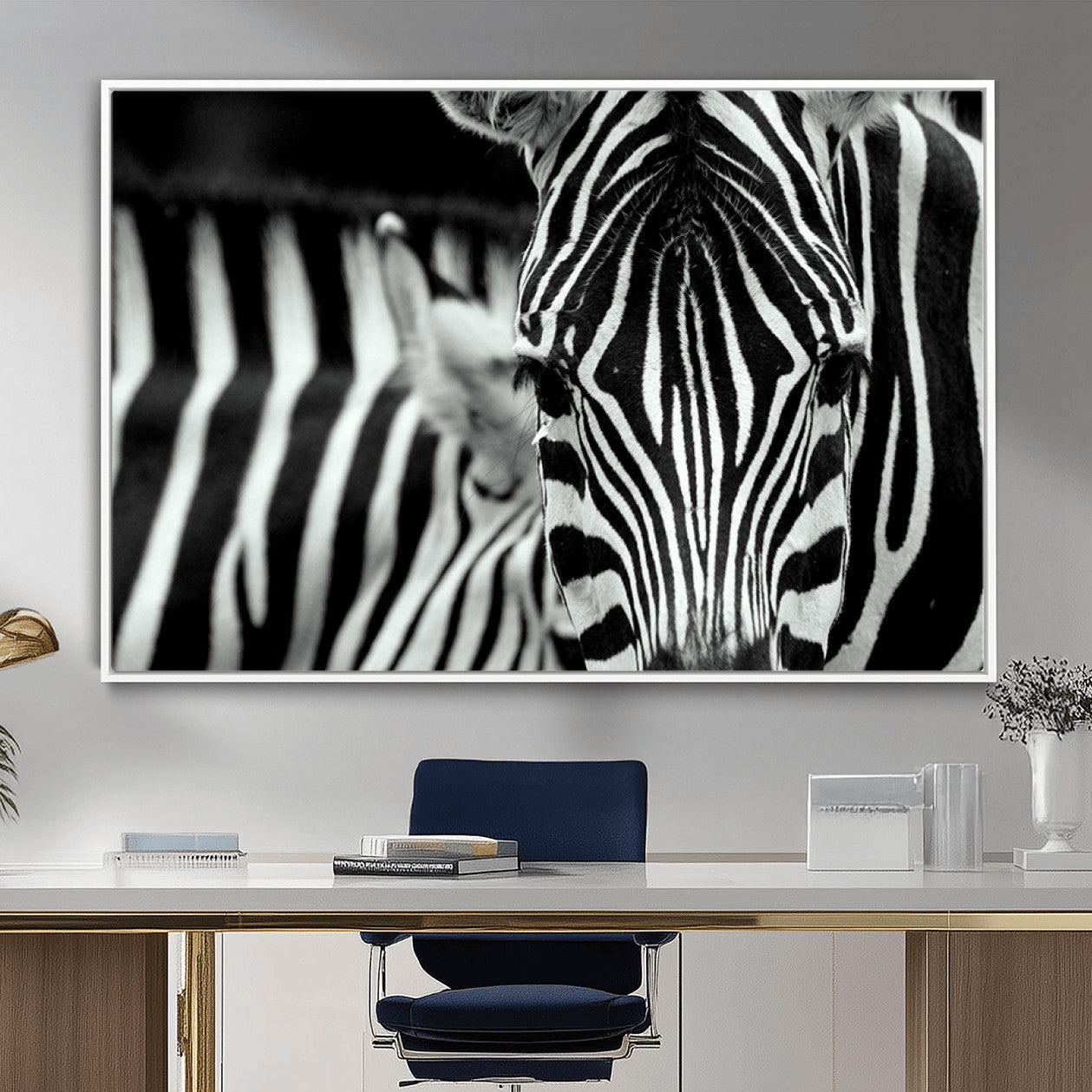 MGV-FC-36X24 - Zebra Wall Art – Close Up Black and White Animal Print, Bold Safari Decor for Living Room, Office, or Bedroom