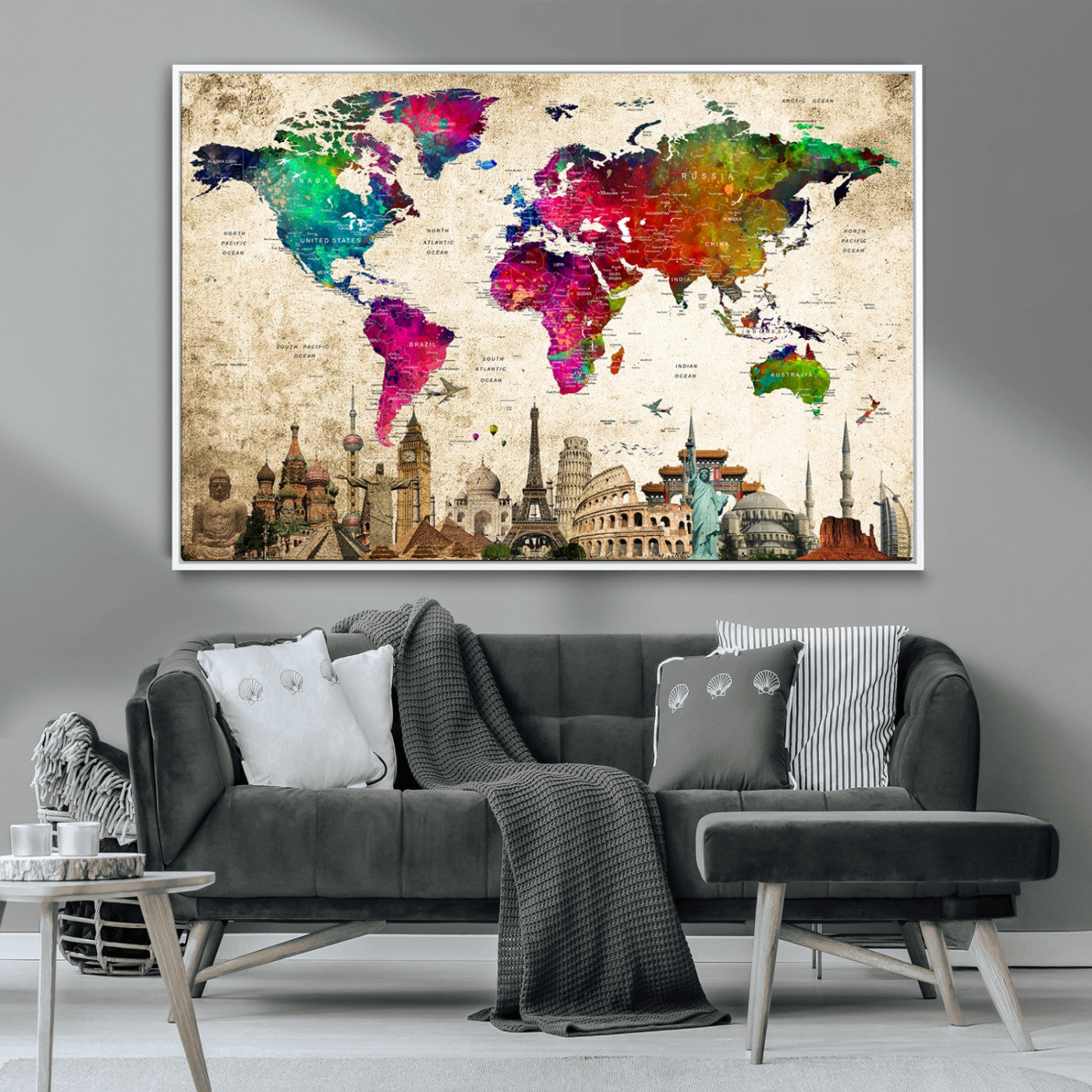 18765-MGV-CV-36X24-Push Pin World Map Canvas Print – Travel Tracker Wall Art for Couples, Perfect Anniversary Gift for Home or Office Decor