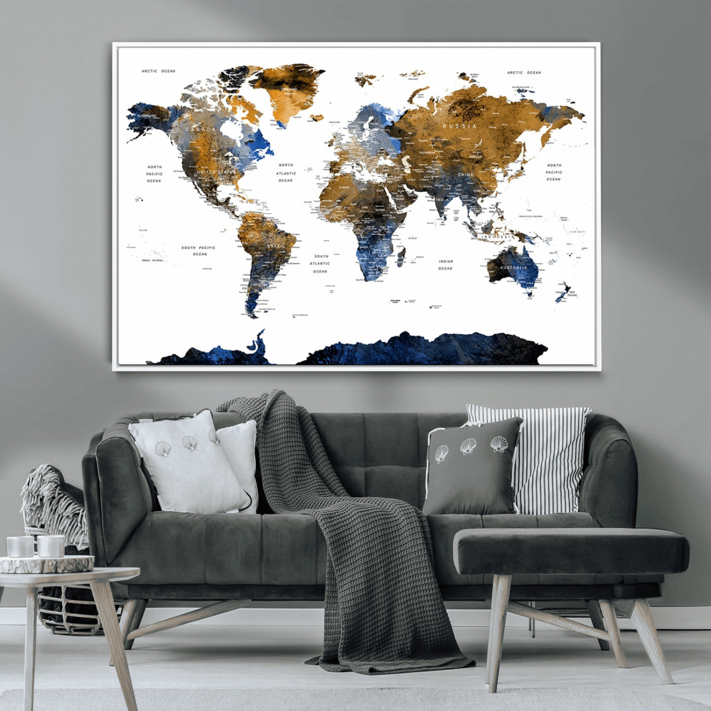 56231-MGV-CV-36X24-Navy and Gold World Map Canvas Wall Art – Framed Modern World Map Print, Elegant Travel Inspired Artwork for Home and Office Decor