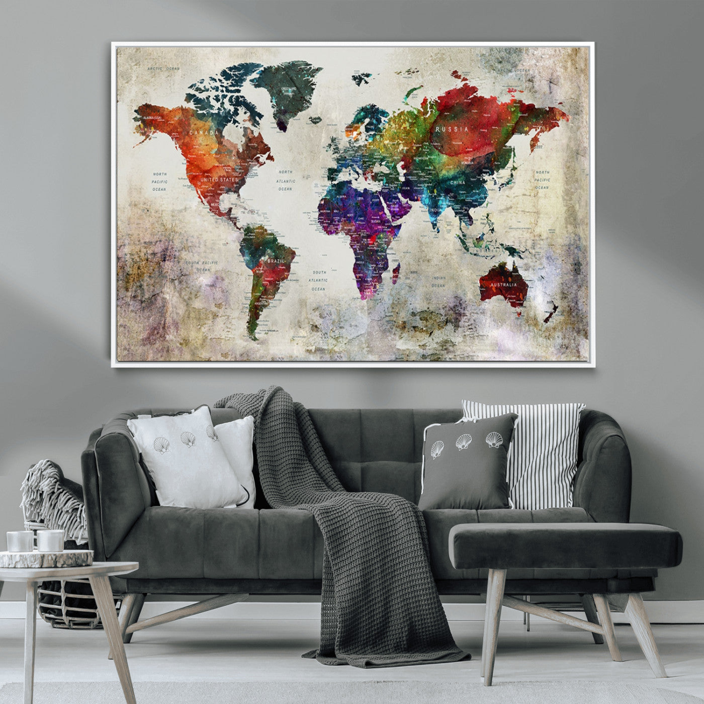 -Push Pin World Map Canvas Print – Framed Travel Map Wall Art for Couples, Anniversary Gift, Modern Home or Office Decor