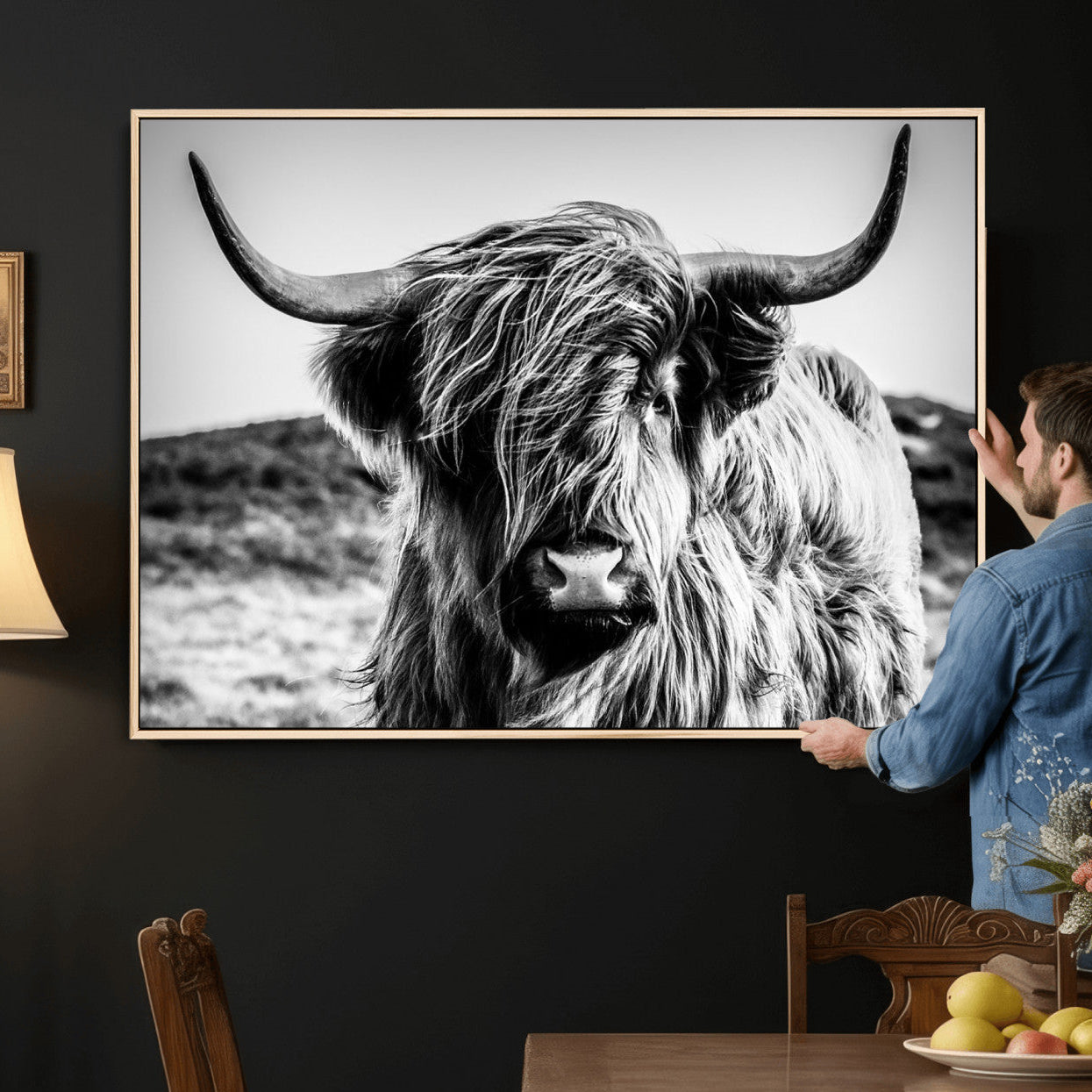 54309-MGV-CV-36X24 - Black and White Scottish Cow Canvas Wall Art Highland Cattle Canvas Print Framed Ready to Hang Original Cotton Canvas High Quality Image Multi Panel Wall Art Printable Artwork for Walls
