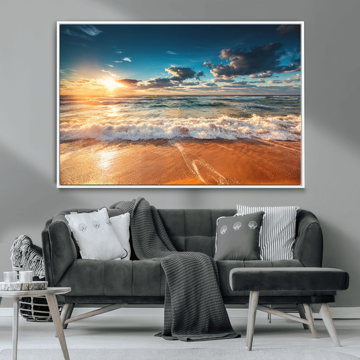 -Golden Sunset Beach Triptych Canvas Art, Giclee Coastal Wall Decor, Ocean Waves Print, Modern Beach