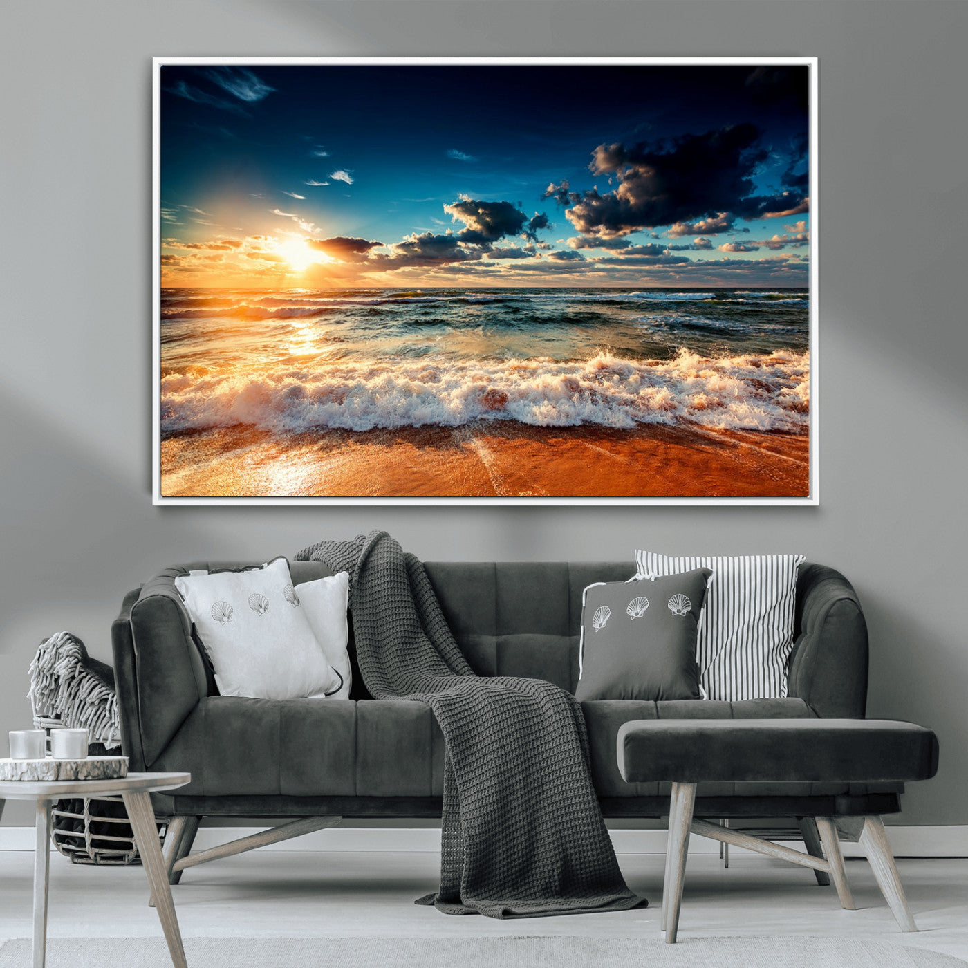 -Golden Hour Sunset Over Ocean Waves Wall Art Canvas Print | 3 Panel Coastal Landscape Canvas Wall