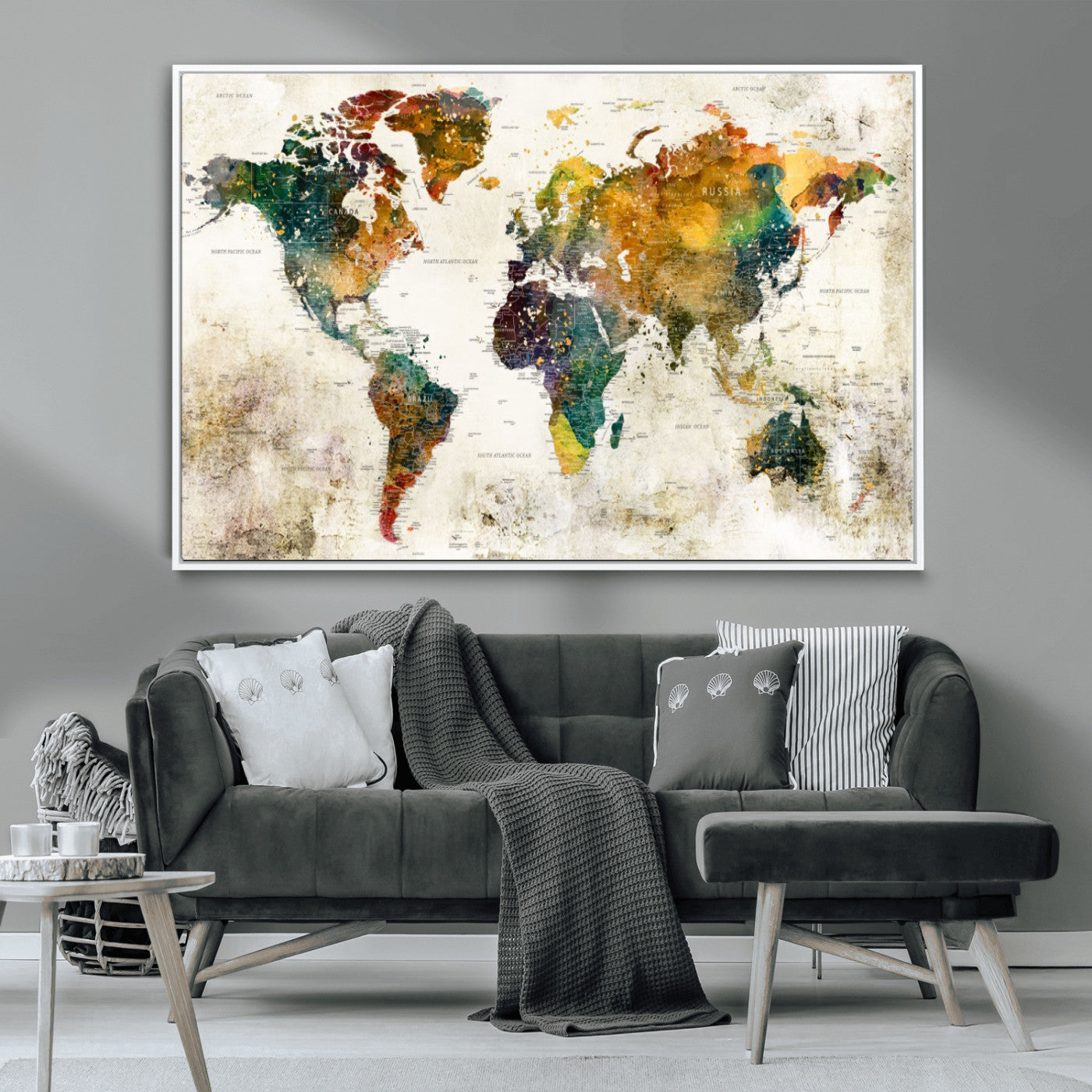 39605-MGV-CV-36X24-Vintage Watercolor World Map Canvas Wall Art – Framed Push Pin Travel Map for Home and Office Decor, Rustic Artistic World Map Artwork