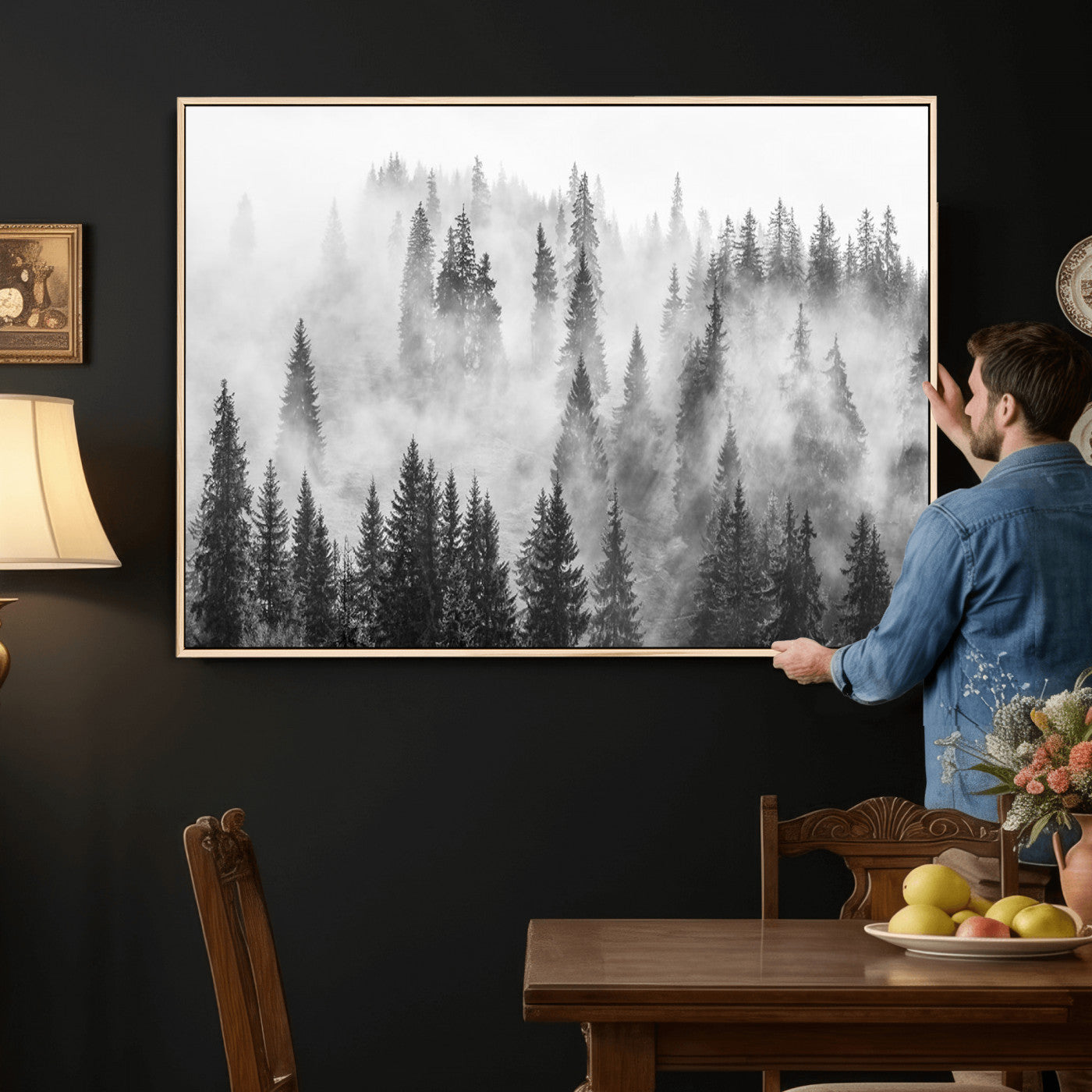 10422-MGV-CV-36X24 - Forest Wall Art Print | Foggy Pine Forest Canvas Wall Art - Black and White Nature Decor for Living
